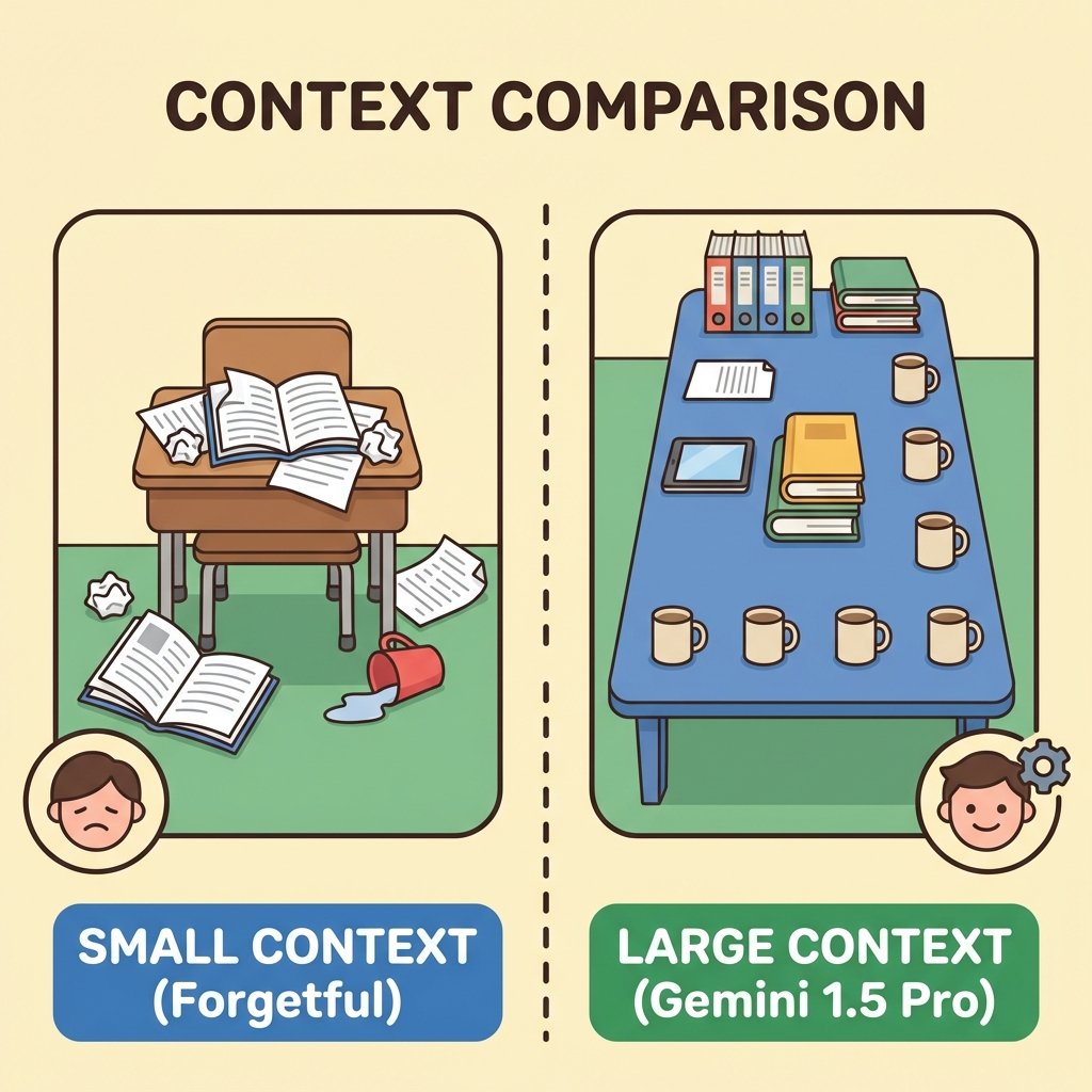 A comparison of a small, messy desk (Small Context) vs a large, organized conference table (Large Context).