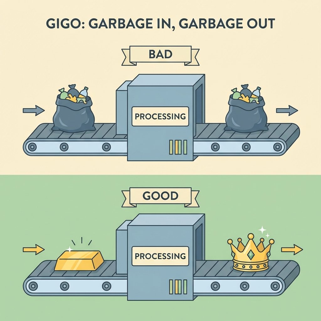 Split screen conveyor belt diagram. Top: Garbage In -> Garbage Out. Bottom: Gold In -> Gold Crown Out.