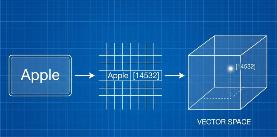Diagram showing the tokenization process: Text to ID to Vector Coordinate