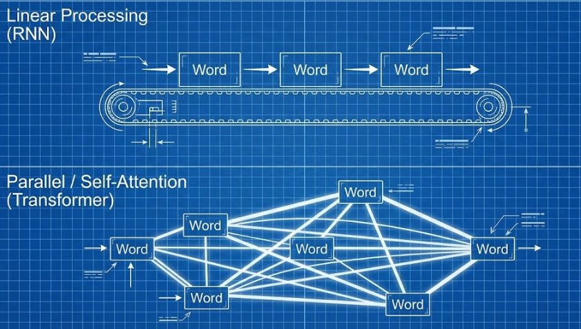 Comparison of Linear Processing (RNN) vs Parallel Self-Attention (Transformer)
