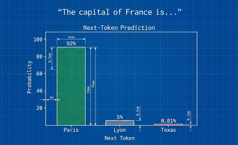 Bar chart showing next-token probability distribution for 'The capital of France is...'