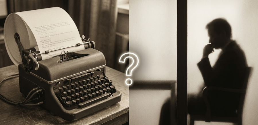 A split image showing a vintage teletype machine and a silhouette of a human judge, connected by a glowing question mark to represent the Turing Test.