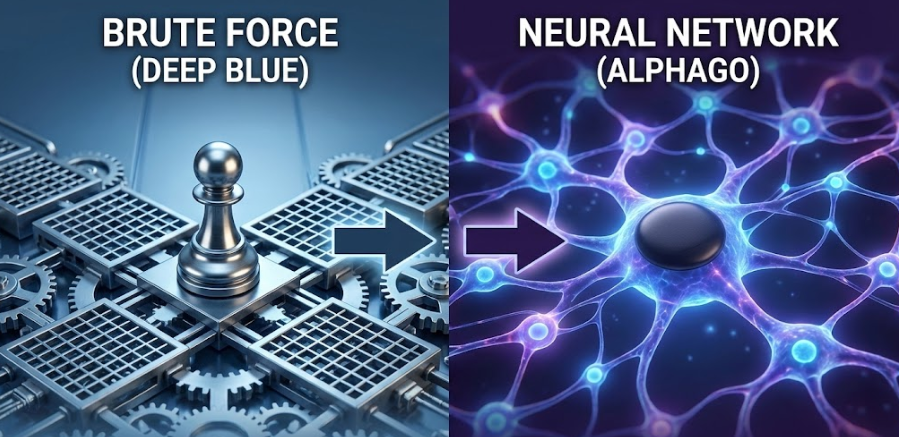 A contrast diagram comparing the rigid, mechanical grid of Deep Blue's brute force with the fluid, organic neural network of AlphaGo.