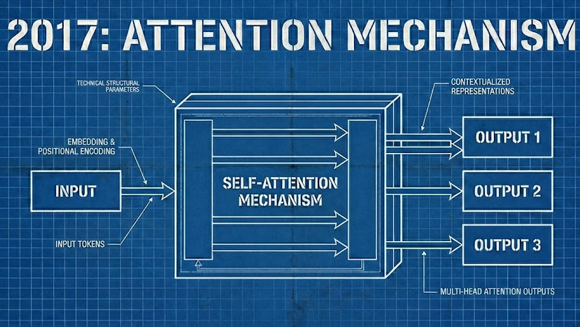 A technical blueprint schematic of the Transformer architecture, highlighting the self-attention mechanism.