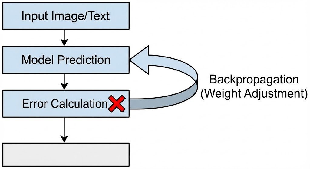 A flowchart diagram showing the AI training process. An 'Input Image/Text' leads to a 'Model Prediction', which is then checked by an 'Error Calculation' marked with a red X. A large arrow labeled 'Backpropagation (Weight Adjustment)' loops back from the error calculation to the model, indicating the learning process.