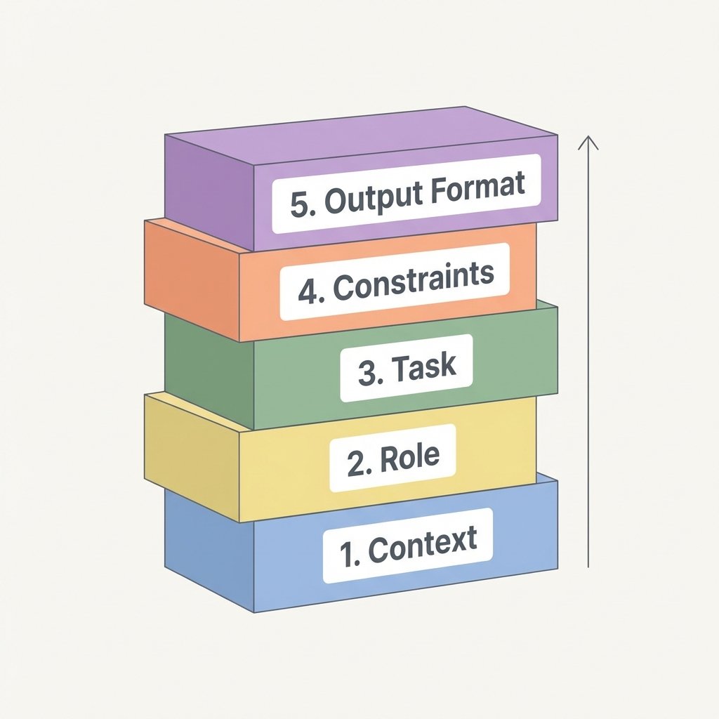 Stack of 5 colored blocks labeled from bottom up: 1. Context, 2. Role, 3. Task, 4. Constraints, 5. Output Format.