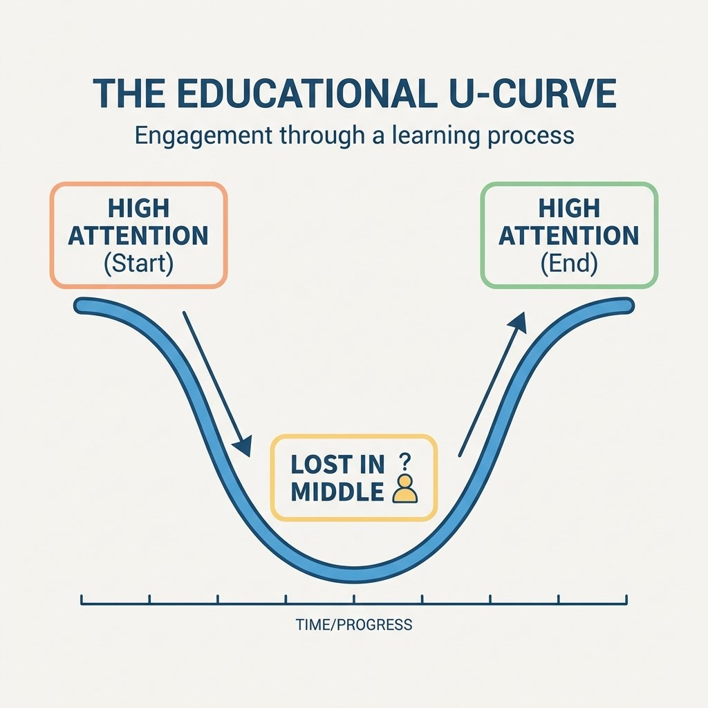 U-Curve graph showing High Attention at Start/End and a dip in the Middle labeled 'Lost'.